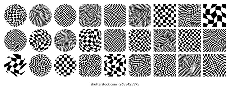 Groovy kariertes Muster, bunte geflieste Gitter. Vintage gewellte Kulisse, Verzerrungseffekt. Funky geometrische Schachbrettstruktur, Retro-Hintergrund im 90er-Jahre-Stil, y2k. Vektorgrafik