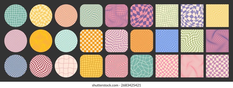 Groovy checkered pattern, colorful tiled grid. Vintage wavy curved backdrop, distortion effect. Funky geometric chessboard texture, retro background in 90s style, y2k. Vector illustration