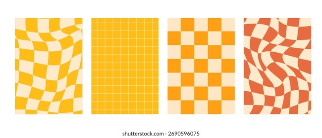 Groovy checkered pattern, colorful tiled grid. Vintage wavy curved backdrop, distortion effect. Funky geometric chessboard texture, retro background in 90s style, y2k. Vector illustration