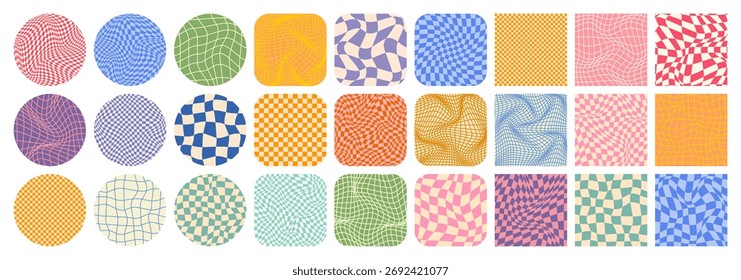 Groovy checkered pattern, colorful tiled grid. Vintage wavy curved backdrop, distortion effect. Funky geometric chessboard texture, retro background in 90s style, y2k. Vector illustration