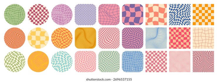 Groovy checkered pattern, colorful tiled grid. Vintage wavy curved backdrop, distortion effect. Funky geometric chessboard texture, retro background in 90s style, y2k. Vector illustration