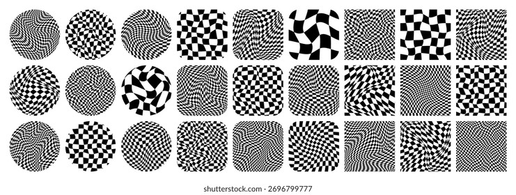 Groovy checkered pattern, colorful tiled grid. Vintage wavy curved backdrop, distortion effect. Funky geometric chessboard texture, retro background in 90s style, y2k. Vector illustration