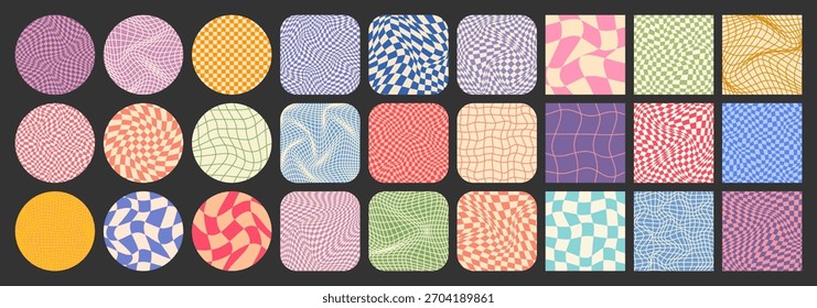 Groovy patrón a cuadros, rejilla de azulejos de colores. Fondo curvo ondulado de Antiguas, efecto de distorsión. Textura geométrica funky del tablero de ajedrez, fondo retro en estilo de los años 90, y2k. Ilustración vectorial
