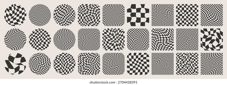 Groovy patrón a cuadros, rejilla de azulejos de colores. Fondo curvo ondulado de Antiguas, efecto de distorsión. Textura geométrica funky del tablero de ajedrez, fondo retro en estilo de los años 90, y2k. Ilustración vectorial