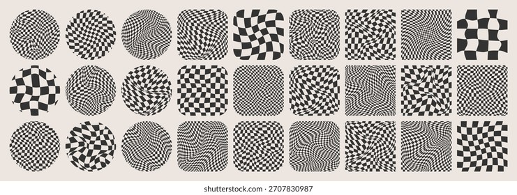 Groovy patrón a cuadros, rejilla de azulejos de colores. Fondo curvo ondulado de Antiguas, efecto de distorsión. Textura geométrica funky del tablero de ajedrez, fondo retro en estilo de los años 90, y2k. Ilustración vectorial