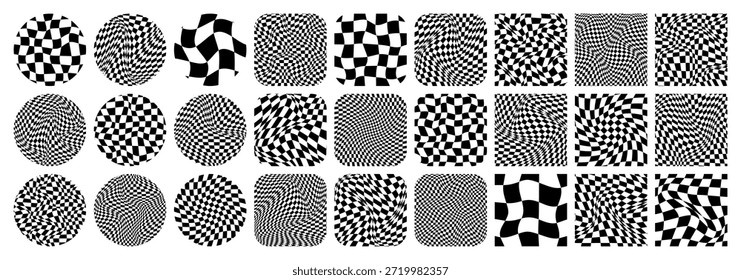 Groovy patrón a cuadros, rejilla de azulejos de colores. Fondo curvo ondulado de Antiguas, efecto de distorsión. Textura geométrica funky del tablero de ajedrez, fondo retro en estilo de los años 90, y2k. Ilustración vectorial
