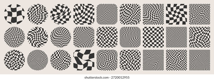 Groovy padrão quadriculado, grade de azulejos coloridos. Fundo ondulado curvo vintage, efeito de distorção. Textura geométrica funky do tabuleiro de xadrez, fundo retro no estilo dos anos 90, y2k. Ilustração vetorial