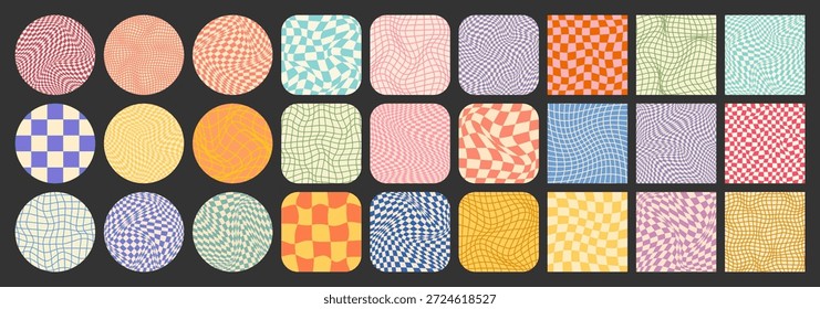 Groovy patrón a cuadros, rejilla de azulejos de colores. Fondo curvo ondulado de Antiguas, efecto de distorsión. Textura geométrica funky del tablero de ajedrez, fondo retro en estilo de los años 90, y2k. Ilustración vectorial