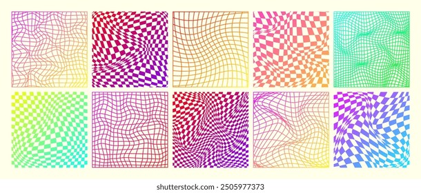 Groovy checkered pattern, neon distorted tiled grid. Vintage wavy curved backdrop, distortion effect. Funky geometric chessboard texture, retro background in 90s style, y2k. Vector illustration