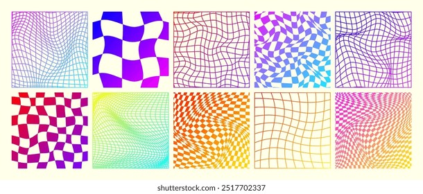 Groovy checkered pattern, neon distorted tiled grid. Vintage wavy curved backdrop, distortion effect. Funky geometric chessboard texture, retro background in 90s style, y2k. Vector illustration