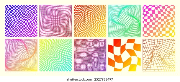 Groovy padrão quadriculado, neon distorcido grade lado a lado. Fundo ondulado curvo vintage, efeito de distorção. Textura geométrica funky do tabuleiro de xadrez, fundo retro no estilo dos anos 90, y2k. Ilustração vetorial