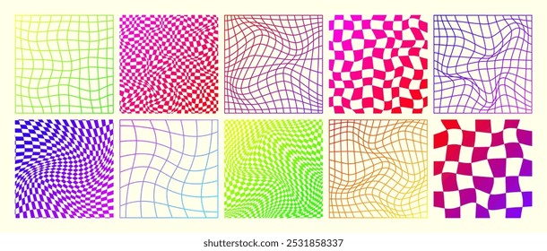 Groovy checkered pattern, neon distorted tiled grid. Vintage wavy curved backdrop, distortion effect. Funky geometric chessboard texture, retro background in 90s style, y2k. Vector illustration