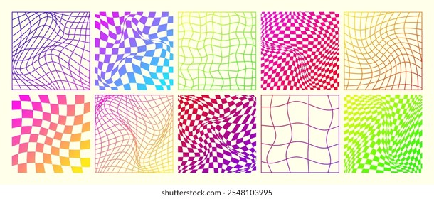 Groovy checkered pattern, neon distorted tiled grid. Vintage wavy curved backdrop, distortion effect. Funky geometric chessboard texture, retro background in 90s style, y2k. Vector illustration