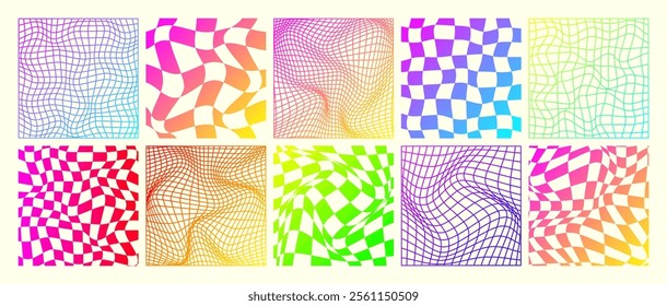 Groovy checkered pattern, neon distorted tiled grid. Vintage wavy curved backdrop, distortion effect. Funky geometric chessboard texture, retro background in 90s style, y2k. Vector illustration