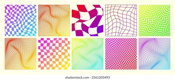 Groovy checkered pattern, neon distorted tiled grid. Vintage wavy curved backdrop, distortion effect. Funky geometric chessboard texture, retro background in 90s style, y2k. Vector illustration