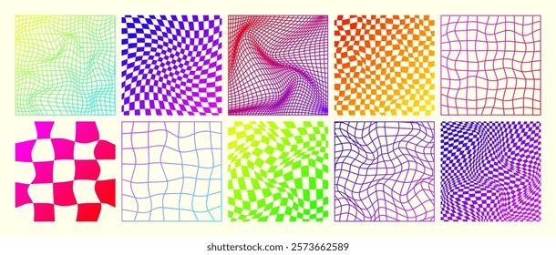Groovy checkered pattern, neon distorted tiled grid. Vintage wavy curved backdrop, distortion effect. Funky geometric chessboard texture, retro background in 90s style, y2k. Vector illustration