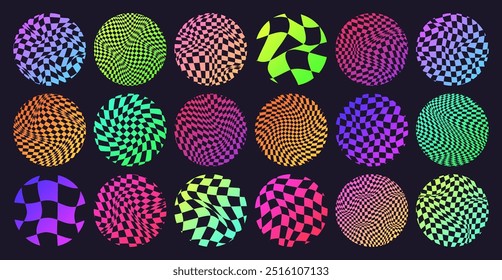 Groovy checkered pattern, neon round tiled grid. Vintage wavy curved backdrop, distortion effect. Funky geometric chessboard texture, retro background in 90s style, y2k. Vector illustration