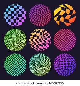 Groovy checkered pattern, neon round tiled grid. Vintage wavy curved backdrop, distortion effect. Funky geometric chessboard texture, retro background in 90s style, y2k. Vector illustration