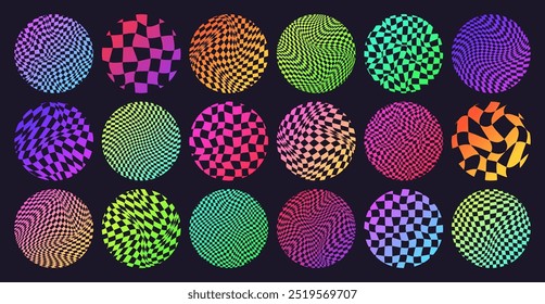 Groovy checkered pattern, neon round tiled grid. Vintage wavy curved backdrop, distortion effect. Funky geometric chessboard texture, retro background in 90s style, y2k. Vector illustration