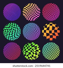 Groovy checkered pattern, neon round tiled grid. Vintage wavy curved backdrop, distortion effect. Funky geometric chessboard texture, retro background in 90s style, y2k. Vector illustration