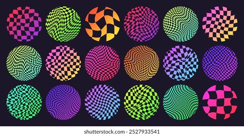 Groovy padrão quadriculado, neon redondo grade ladrilhada. Fundo ondulado curvo vintage, efeito de distorção. Textura geométrica funky do tabuleiro de xadrez, fundo retro no estilo dos anos 90, y2k. Ilustração vetorial