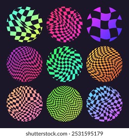 Groovy checkered pattern, neon round tiled grid. Vintage wavy curved backdrop, distortion effect. Funky geometric chessboard texture, retro background in 90s style, y2k. Vector illustration