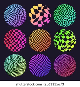 Groovy checkered pattern, neon round tiled grid. Vintage wavy curved backdrop, distortion effect. Funky geometric chessboard texture, retro background in 90s style, y2k. Vector illustration