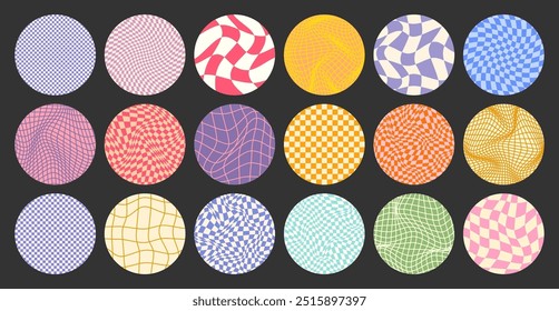 Groovy checkered pattern, round colorful tiled grid. Vintage wavy curved backdrop, distortion effect. Funky geometric chessboard texture, retro background in 90s style, y2k. Vector illustration