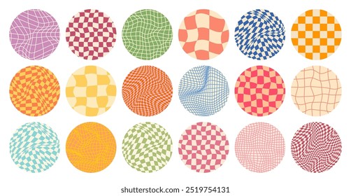 Groovy checkered pattern, round colorful tiled grid. Vintage wavy curved backdrop, distortion effect. Funky geometric chessboard texture, retro background in 90s style, y2k. Vector illustration