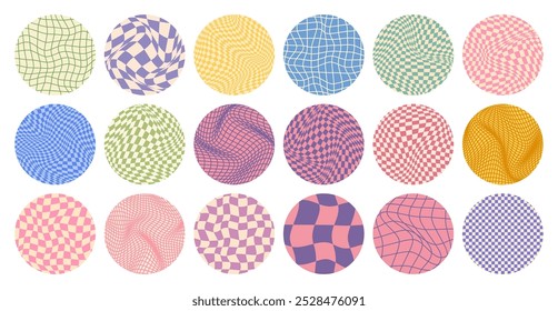 Groovy checkered pattern, round colorful tiled grid. Vintage wavy curved backdrop, distortion effect. Funky geometric chessboard texture, retro background in 90s style, y2k. Vector illustration