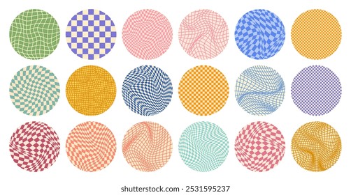 Grooves kariertes Muster, rundes buntes gefliestes Gitter. Vintage gewellte Kulisse, Verzerrungseffekt. Funky geometrische Schachbrettstruktur, Retro-Hintergrund im 90er-Jahre-Stil, y2k. Vektorgrafik