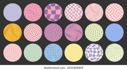 Groovy checkered pattern, round colorful tiled grid. Vintage wavy curved backdrop, distortion effect. Funky geometric chessboard texture, retro background in 90s style, y2k. Vector illustration