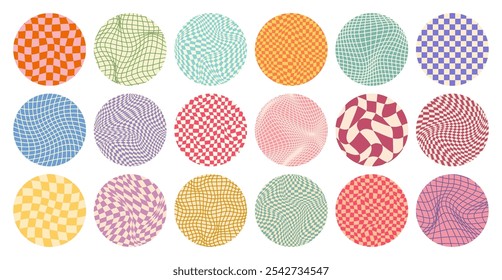 Groovy checkered pattern, round colorful tiled grid. Vintage wavy curved backdrop, distortion effect. Funky geometric chessboard texture, retro background in 90s style, y2k. Vector illustration