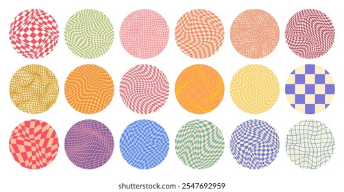 Groovy checkered pattern, round colorful tiled grid. Vintage wavy curved backdrop, distortion effect. Funky geometric chessboard texture, retro background in 90s style, y2k. Vector illustration