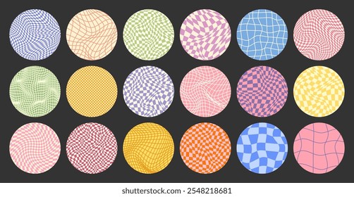 Groovy padrão quadriculado, redondo grade ladrilhada colorida. Fundo ondulado curvo vintage, efeito de distorção. Textura geométrica funky do tabuleiro de xadrez, fundo retro no estilo dos anos 90, y2k. Ilustração vetorial