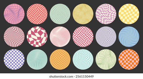 Groovy checkered pattern, round colorful tiled grid. Vintage wavy curved backdrop, distortion effect. Funky geometric chessboard texture, retro background in 90s style, y2k. Vector illustration