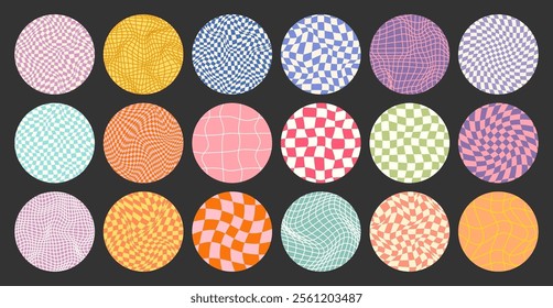 Groovy checkered pattern, round colorful tiled grid. Vintage wavy curved backdrop, distortion effect. Funky geometric chessboard texture, retro background in 90s style, y2k. Vector illustration