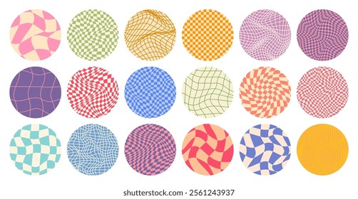 Groovy checkered pattern, round colorful tiled grid. Vintage wavy curved backdrop, distortion effect. Funky geometric chessboard texture, retro background in 90s style, y2k. Vector illustration