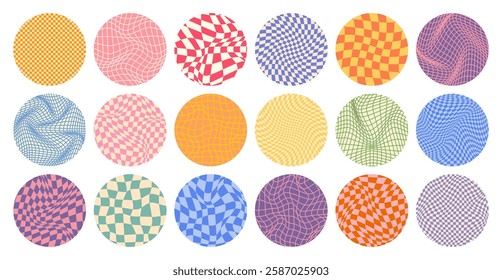 Groovy checkered pattern, round colorful tiled grid. Vintage wavy curved backdrop, distortion effect. Funky geometric chessboard texture, retro background in 90s style, y2k. Vector illustration