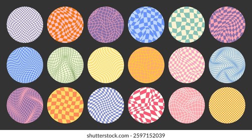 Groovy checkered pattern, round colorful tiled grid. Vintage wavy curved backdrop, distortion effect. Funky geometric chessboard texture, retro background in 90s style, y2k. Vector illustration