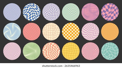 Groovy checkered pattern, round colorful tiled grid. Vintage wavy curved backdrop, distortion effect. Funky geometric chessboard texture, retro background in 90s style, y2k. Vector illustration