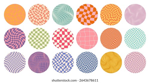 Groovy checkered pattern, round colorful tiled grid. Vintage wavy curved backdrop, distortion effect. Funky geometric chessboard texture, retro background in 90s style, y2k. Vector illustration