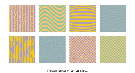 Conjunto de patrones a cuadros magnífico, fondos estéticos vintage, textura de tablero de cuadros retro psicodélico. Funky hippie impresión textil de la moda, fondo retro con la rejilla distorsionada mosaico vector patrón conjunto