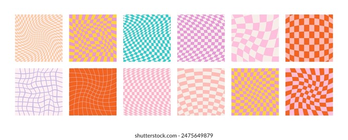 Groovy checkered patterns, vintage aesthetic backgrounds, psychedelic checkerboard texture. Funky hippie fashion textile print, retro background with distorted grid vector pattern set. Bright colors