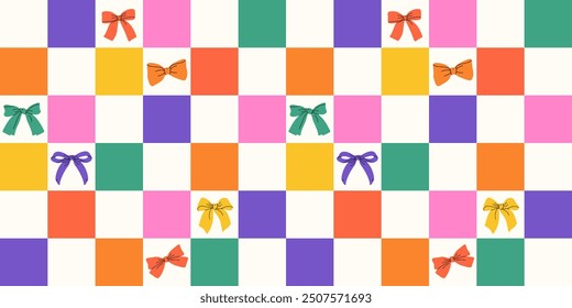 Groovy checkered rainbow pattern with bowknot.  Vintage background. Y2k checkerboard backdrop. Gingham vector wallpaper for print templates or textiles. Trendy hair braiding accessory. LGBT pride.