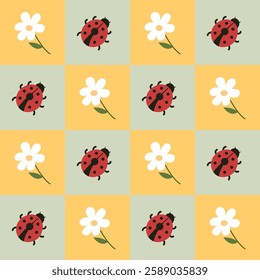 Groovy checkered seamless pattern with cute flower and ladybug. Hand drawn vector illustration in retro style.