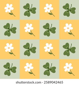 Groovy checkered seamless pattern with cute flower and clover leaf. Hand drawn vector illustration in retro style.