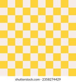 Groovy patrón sin costura, fondo estético vintage, textura de tablero de ajedrez. Impresión textil de moda hippie funky, fondo cuadrado retro amarillo y blanco con patrón vectorial de azulejos 
