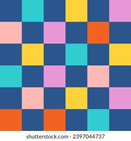 Groovy a la costura sin costura, fondo estético vintage, textura psicodélica de tablero de ajedrez. Impresión textil de moda hippie Funky, fondo retro con conjunto de patrones vectoriales de mosaico de cuadrícula distorsionados