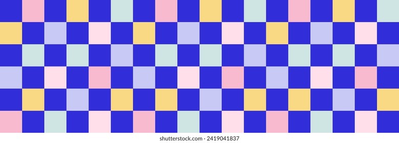 Groovy checkered seamless pattern, vintage aesthetic background, psychedelic checkerboard texture. Funky hippie fashion textile print, retro background with distorted grid tile vector pattern